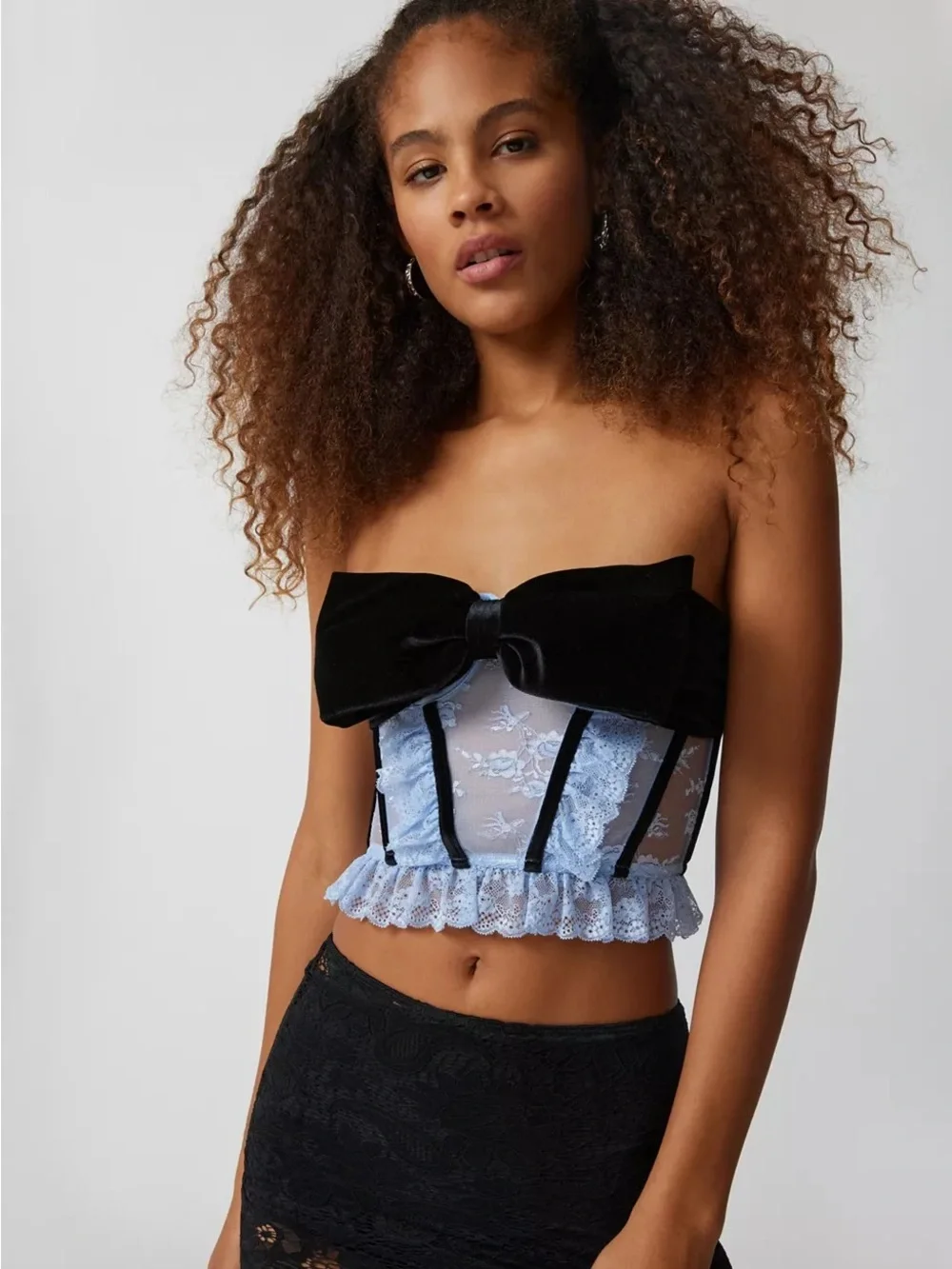 Out From Under Bow Down To Me Velvet & Lace Corset Bustier Top Black Light Blue